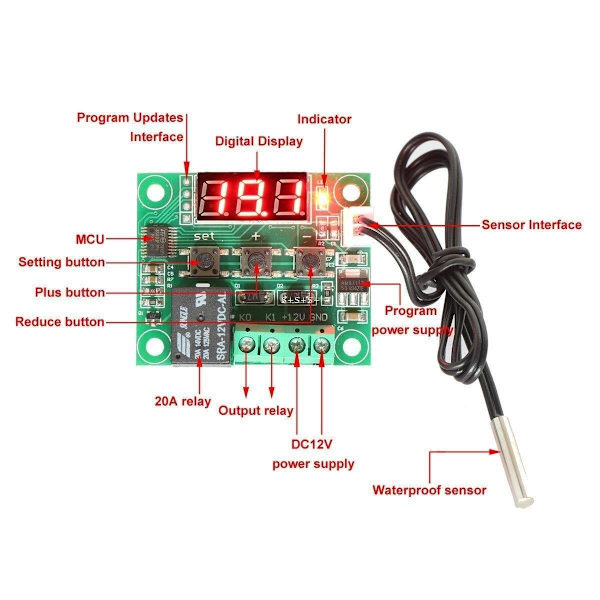 Termostat W1209 DC 12V Temperaturstyring LED Læsekabel Green