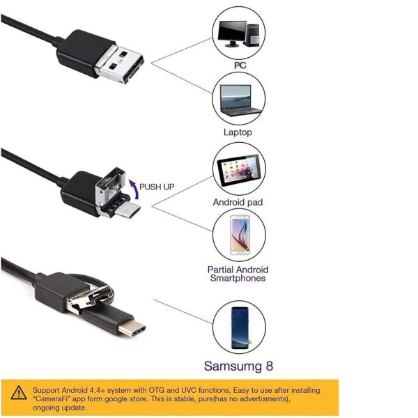 2 m USB-endoskooppikamera vedenpitävä IP67 pehmeä kaapeli Android / PC Black