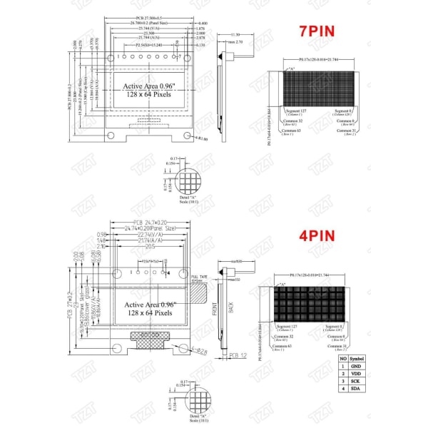 Gul OLED Skärm / Displaymodul 0.96" 4 pins 128X64 Svart