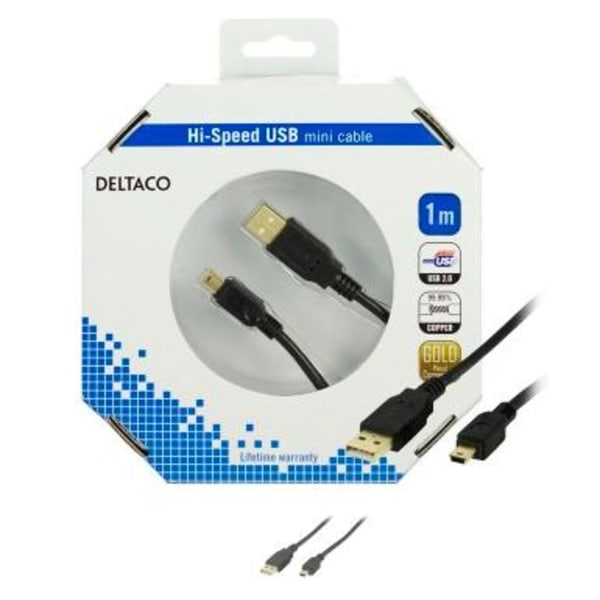 Deltaco Hi Speed USB Mini -liitäntäkaapeli 1 metri Gold