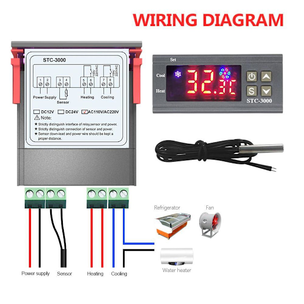 Intelligent Termostat STC-3000 DC 12V Temperaturkontroll LED Stonegrey