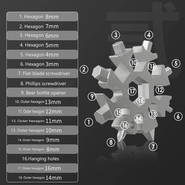 Multifunksjonelt verktøy med 18 funksjoner Snowflake Silver