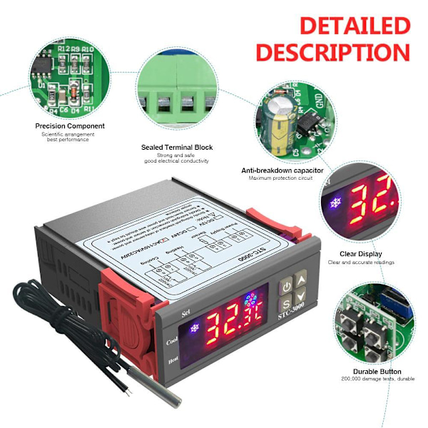Intelligent Termostat STC-3000 DC 12V Temperaturkontroll LED Stonegrey
