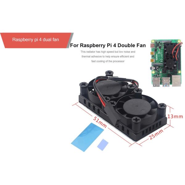 Kaksoistuuletin lämpösuojalla + jäähdytysrivat Raspberry Pi 3/3B+4B:lle Black one size