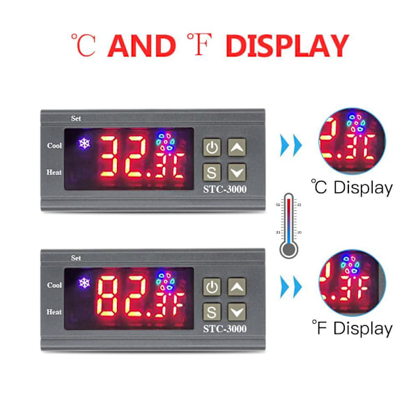 Intelligent Termostat STC-3000 DC 12V Temperaturkontroll LED Stonegrey