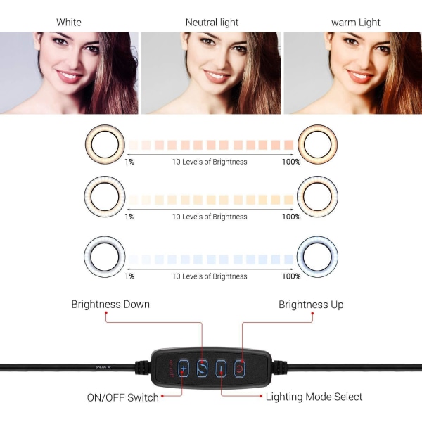 Selfie Lampe LED Ring Lys Stander 50 - 216 cm + Fjernbetjening Black