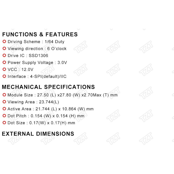 Vit OLED Skärm / Displaymodul 0.96" 4 pins 128X64 Svart