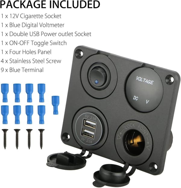 【03】i 1 Car Charger Switch Panel, Dual USB Charger Function + LED Voltmeter + On/Off Rocker Switch + Cigarette Socket for Marine Boat