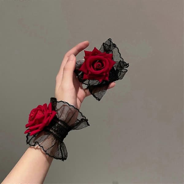 Lolitas Rose Spetshandskar Handärmar Kvinnor Volang Handledsmanschetter Elastiskt Armband för Halloween, Bröllop, Maskerad White