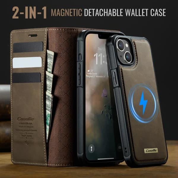 【03】iPhone 17 -nahkakotelo MagSafella ja ID-estolla, irrotettava lompakko Kaffe