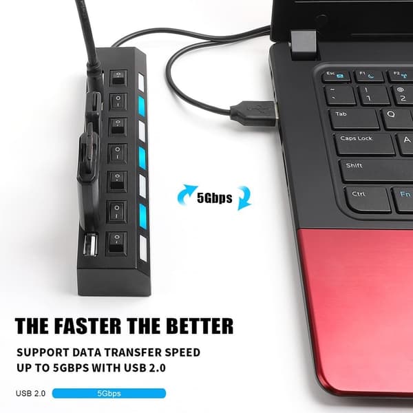 7-ports USB 2.0-hub med uafhængig LED-kontakt, 5 Gbps dataoverførsel, universelt USB-forlængerkabel til bærbar computer, pc