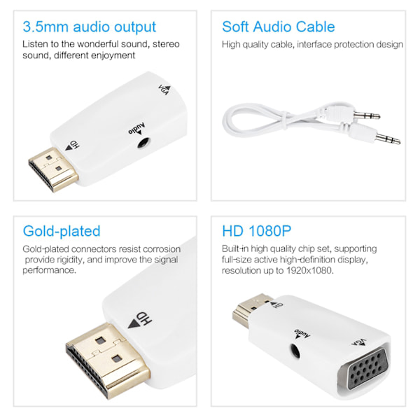 HD 1080P HDMI Hona till VGA Hona Konverter Adapter med 3.5mm Ljudutgångskabel Vit