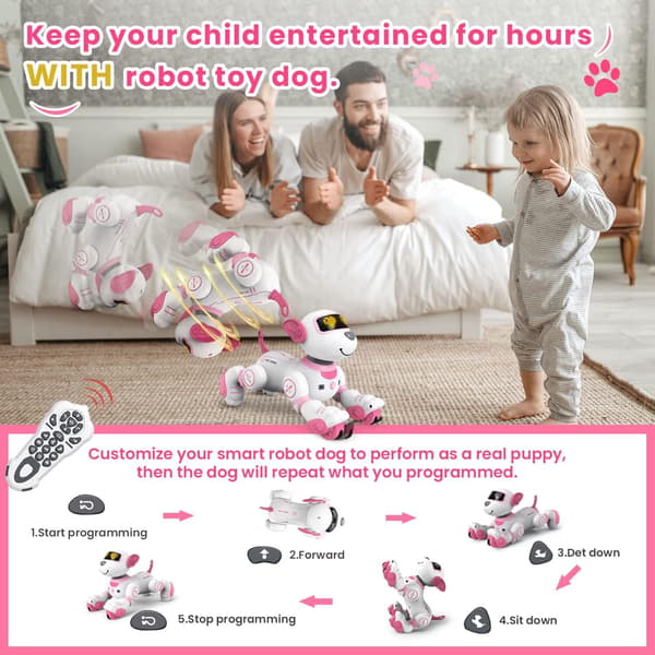 【03】Fjärrstyrd Robothund, RC Interaktiv Intelligent Gående Dansande Robotleksak PINK