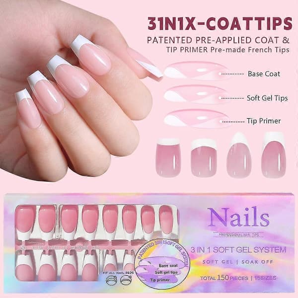 【03】Soft Gel Nail Tips, French Tip Press On Nails 14 Sizes 3 in 1 X Coat Tips with Pre-Applied Tip Primer & Base Coat