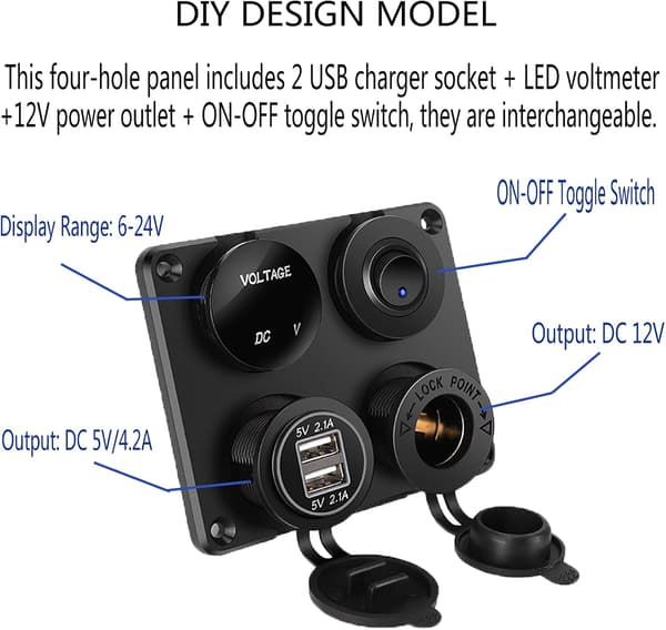 【03】i 1 Bilopladerkontaktpanel, Dobbelt USB-opladerfunktion + LED-voltmeter + Tænd/sluk-vippekontakt + Cigaretstik til Marinebåd