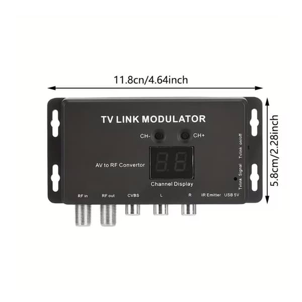 TV Link Modulator, AV til RF-konverter og IR-forlænger med kanaldisplay og USB 5V-interface, infrarød forlænger