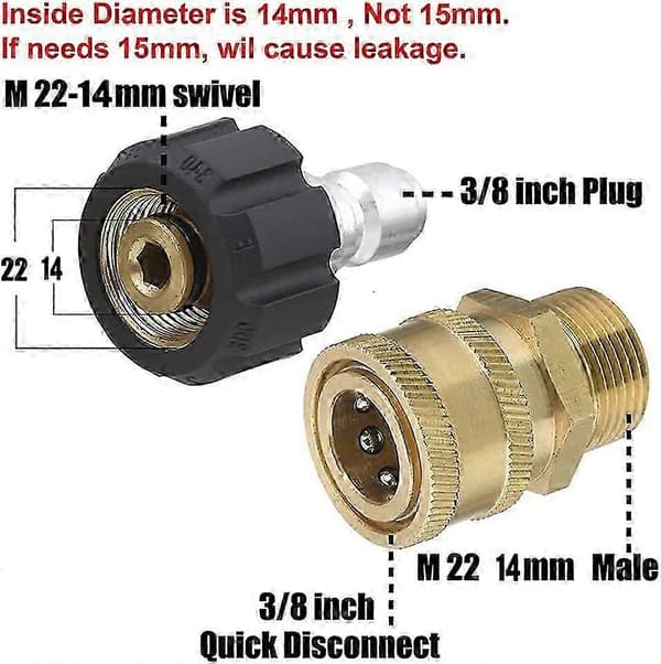 Lynkoblingsadaptersæt til højtryksrenser, 3/8 til M22-14 udvendigt gevind, 5000 PSI messingfittings, 14 mm