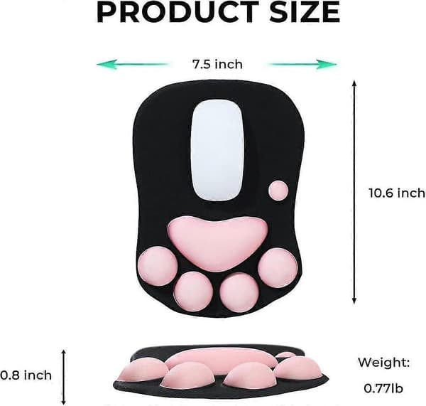 Sød musemåtte med håndledsstøtte, kattepote musemåtte til computer skridsikker gaming musemåtte glat ergonomisk musemåtte med håndledsstøtte, sort+pink
