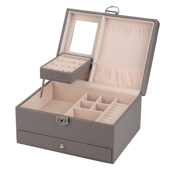 Vandtæt smykkeopbevaringsboks til husholdningen PU læder smykkeskrin Dobbeltlags partition Stor kapacitet Ornament Organizer grå