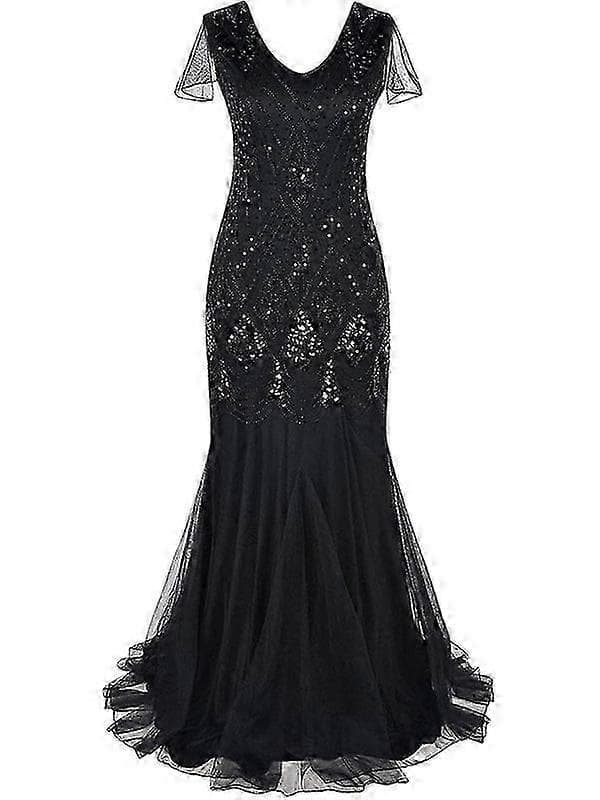 Dame Vintage Pailletter Flæset Lang Gatsby Flapper Kjole Black M