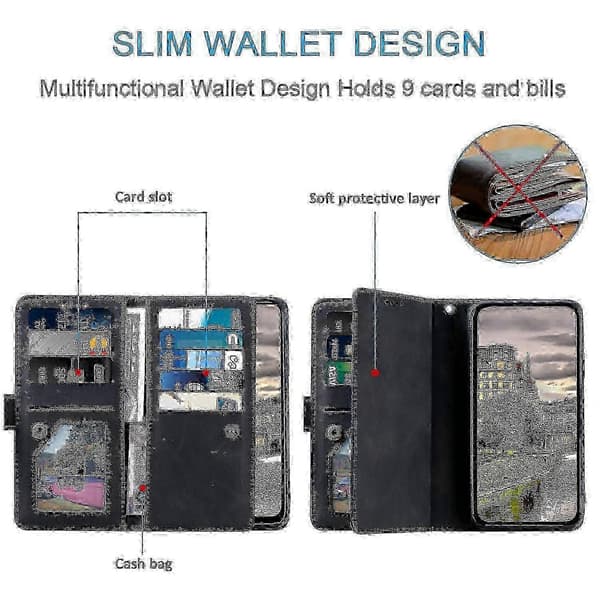 Til Honor Magic7 Lite/X9c 5G PU-læder lynlås pung etui med 9 kortpladser -NBB Black