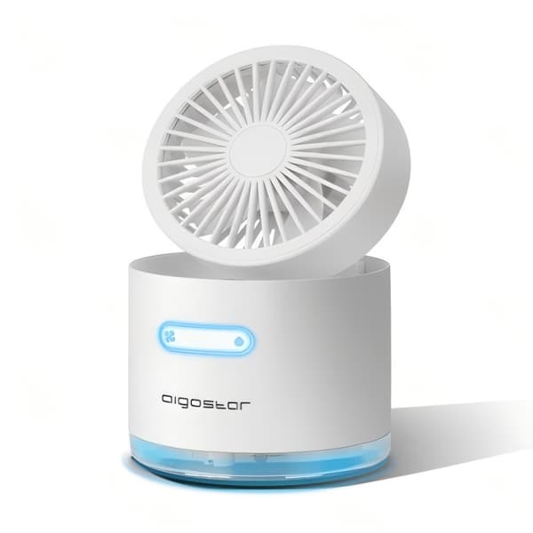 Aigostar Bordventilator med Forstøver – 4-tommer, 5-blade, 3 Hastigheder, 2000mAh – Bærbar Luftfugter (Hvid)