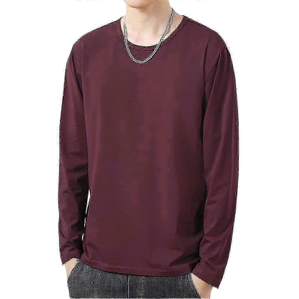 Hverdags T-shirt til mænd, O-hals langærmet top til efterårsmode 4XL Wine Red