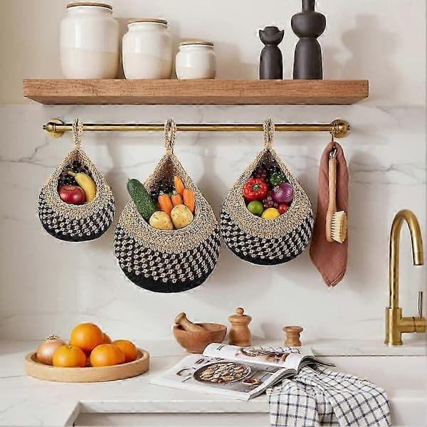 Boho inredning hängande väggkorgar set för kök 3 st droppformade korgar med krokar förvaring frukt lök grönsaker potatis A -Ö Black