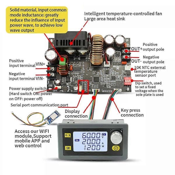 【03】20A 1200W CNC-virtalähde - 6-70V tulo, 0-60V lähtö, LCD-näyttö, MODBUS-protokolla