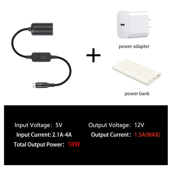 USB C til 12V adapter, USB C han til 12V 18W cigarettænderadapter PD3.0 Type C til 12V cigarettænderstik hun-kabel