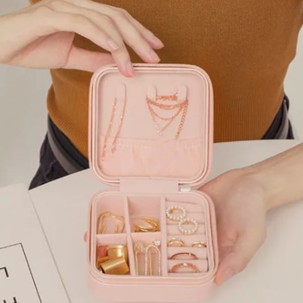 Liten smyckeskrin minimalistisk PU-läder bärbar rese smyckesorganisatör rosa