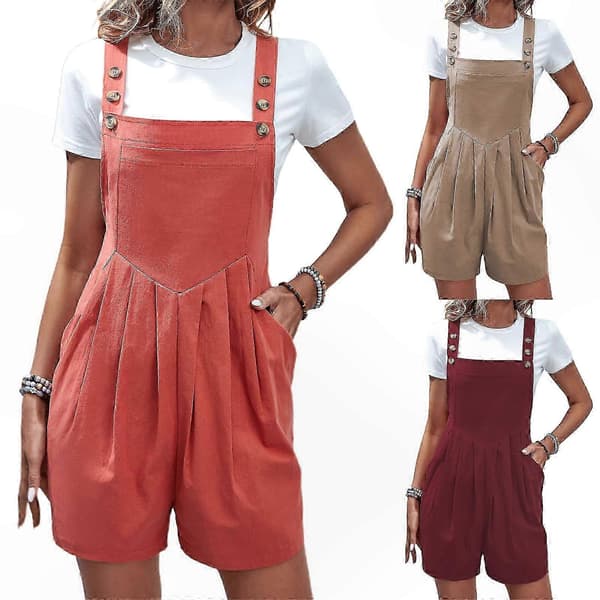 Vinrød bomuldslinnedragt med knapper og lommer til kvinder, afslappet løs pasform, overalls, shorts Khaki S