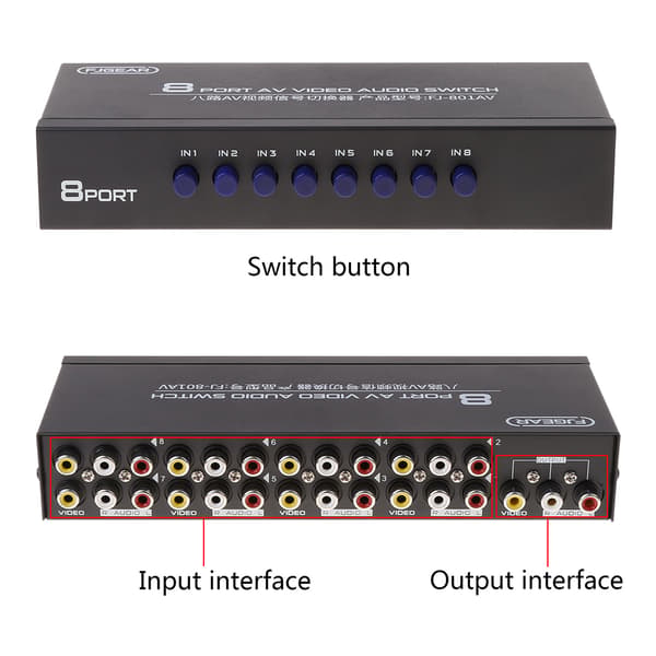 【03】8-vejs AV-switch RCA-switch 8 ind 1 ud kompositvideo L/R-vælger til DVD