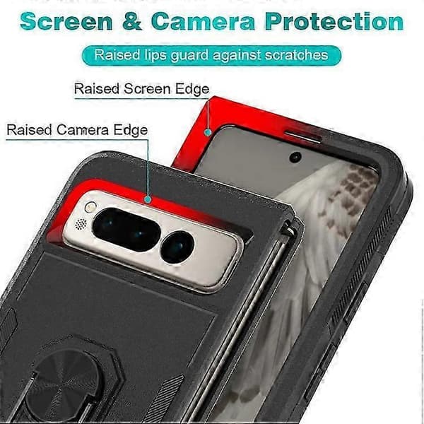 Google Pixel Fold stødsikkert cover med ringstativ - PC+TPU hybrid beskyttelsescover Black