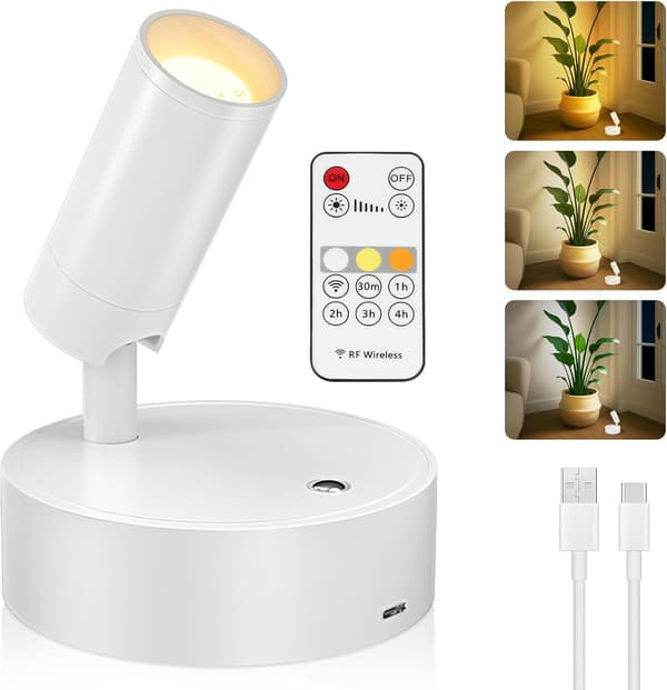 【03】Indendørs Spotlight, Genopladelig Indendørs Plantelys, Trådløst LED Accentlys med Timer og Lysdæmper, Batteridrevet Accentlys