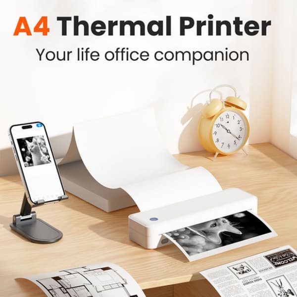 A4 Mini Bærbar Termoprinter - Bluetooth & USB-C, Blækfri Udskrivning, Kompatibel med Smartphones og Computere, D82, hvid