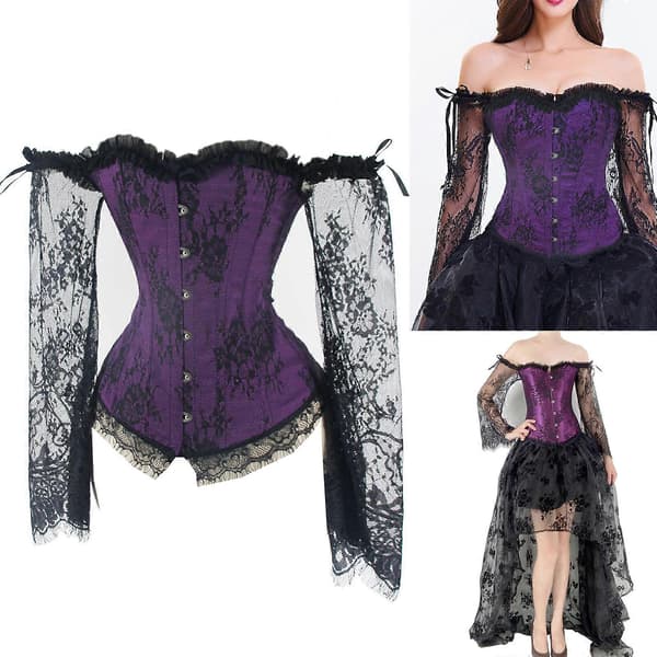 Långärmad spetsmidjebandage för formell klänning viktoriansk korsett toppar fransk stil överbyst bustier för temaevenemang röd M Red M