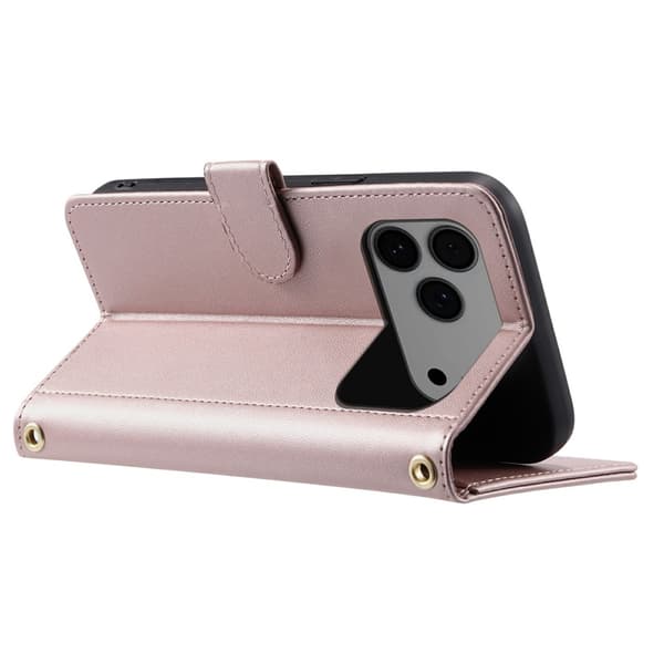 【03】SKALO iPhone 17 Pro Quilted Shoulder Strap Wallet Case - Rose Rosa guld Rosa guld pink