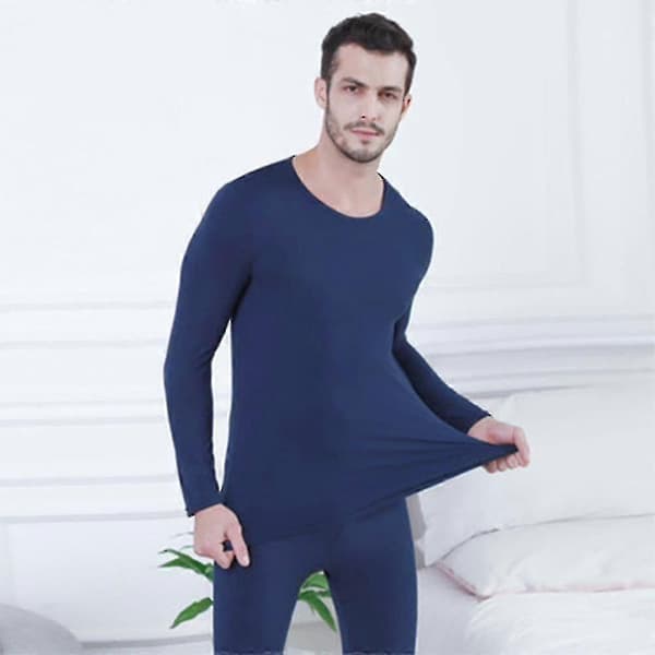Herre Dame Termoundertøj Sæt, Blød Rund Hals Plus Fløjl Termoundertøj Efterårsundertøj, Vinter Varmt Baselayer Top Bund *L Navy Blue
