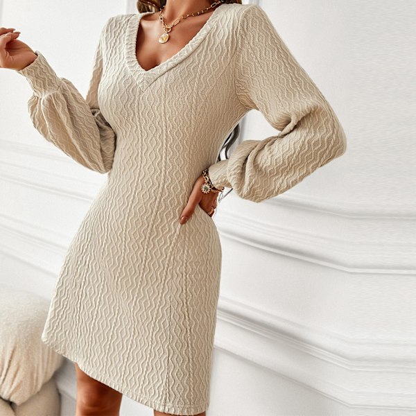 V-hals strikket langærmet kjole, moderigtig, elegant, klassisk, talje slank pasform dame sweater kjole til efterår vinter abrikos L