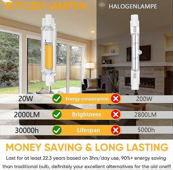 Dæmpbar R7S LED 78 mm varm hvid 2000K, 20W halogenudskiftning (2-pak)