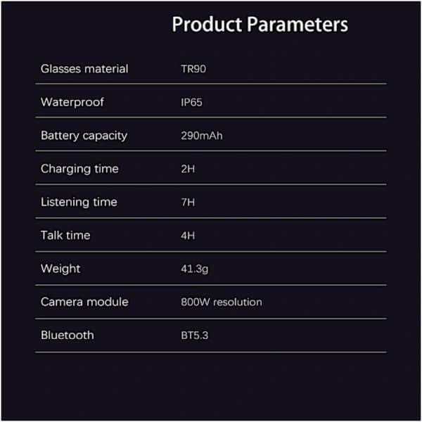 Smarte briller med 8MP kamera, lang batterilevetid, AI billedgenkendelse og oversættelse, kompatibel med Android og iOS