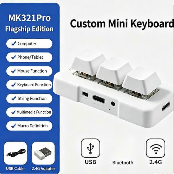 Trådløst makrotastatur, RGB mekanisk programmerbart minitastatur USB 2.4G Bluetooth Valkoinen