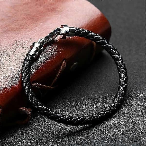 Flettet læderarmbånd til mænd, U-formet armbånd med spænde i rustfrit stål gold 18cm