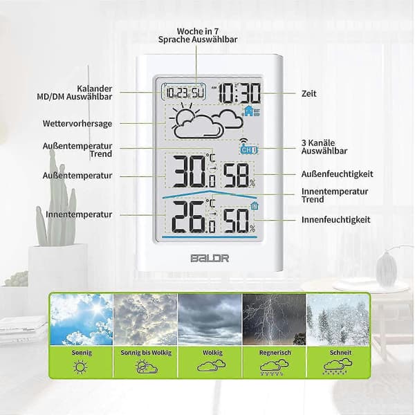 Trådløs vejrstation med udendørssensor, digitalt termometer, indendørs og udendørs hygrometer, termometer