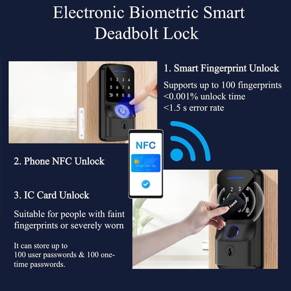 Fingeravtryck Smart Deadbolt-lås med WiFi, Entrédörrlås Autolås, Elektronisk Deadbolt, Smarta dörrlås, fingeravtryckslås, smarta lås