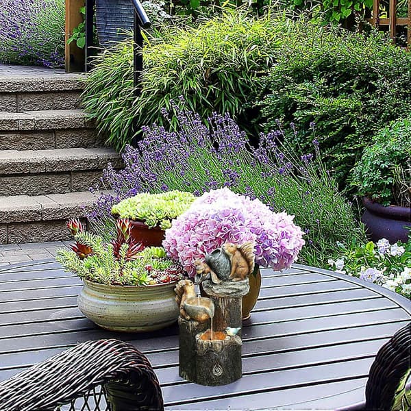 【03】Solar Powered Squirrel Stacked Waterfall Fountain with LED Lights and Pump