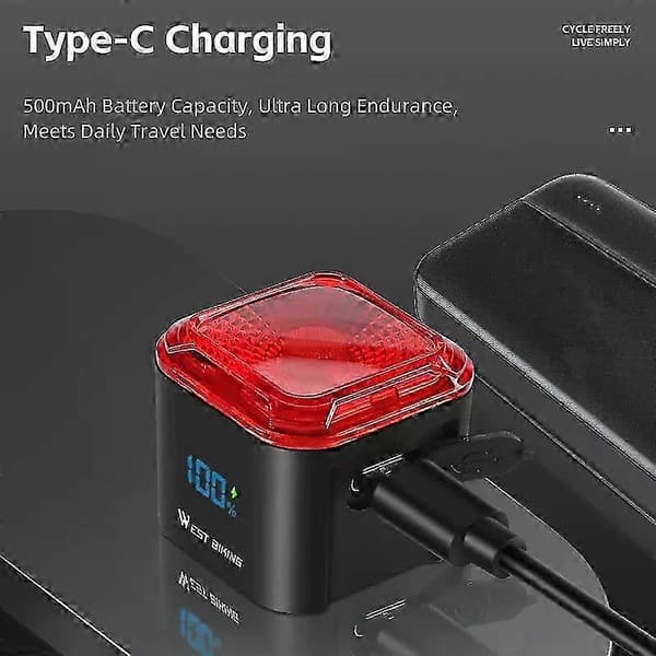 Cykelbaglygte Bremsesensor Digital strømdisplay Automatisk start/stop Langtidsholdbar baglygte Cykeltilbehør 500mAh Seat Post