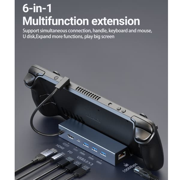 USB-C 1 til 6 Dockingstation til Steam Deck, HDMI 2.0 4k60Hz, RJ45, USB-A 3.0 5 Gbps, 100W USB-C PD