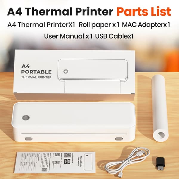 A4 Mini Bærbar Termoprinter - Bluetooth & USB-C, Blækfri Udskrivning, Kompatibel med Smartphones og Computere, D82, hvid